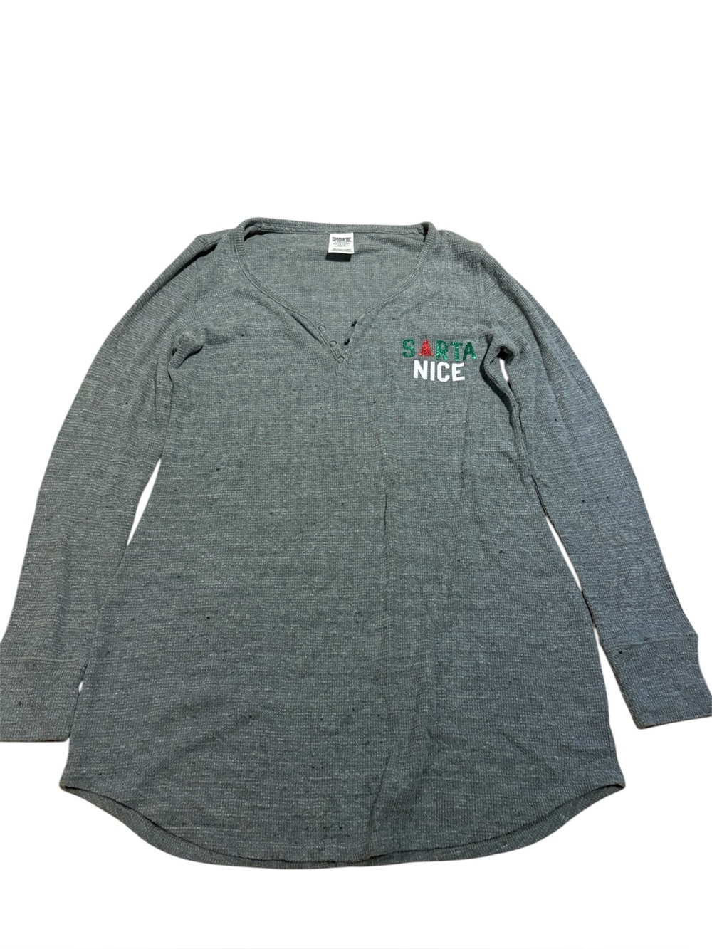PINK Victoria's Secret Gray Long-Sleeve V-Neck Shirt with 'Santa Nice' Graphic S